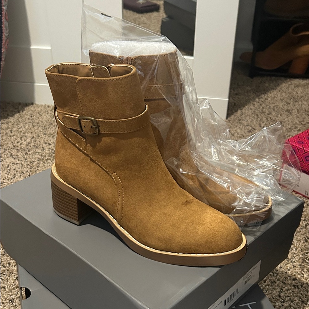LOFT Buckle Strap Tan Ankle Booties